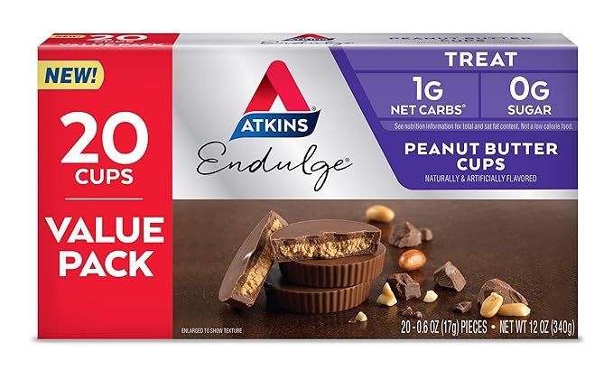 Atkins Caramel Almond Clusters Gluten Free High in Fiber 1g Sugar 2g Net Carb Keto Friendly 20 Count &amp Endulge Peanut Butter Cups Dessert Favorite Low Carb 0g Sugar 20 Count