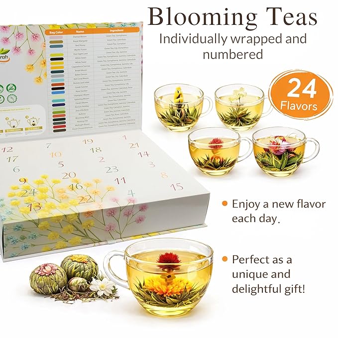 Blooming Tea &amp Edible Flower Infusions Green Tea 24 Unique Flavors Gift Set for Everyone – Natural Floral &amp Aromatic Teas in Extra Large Premium Gift Box