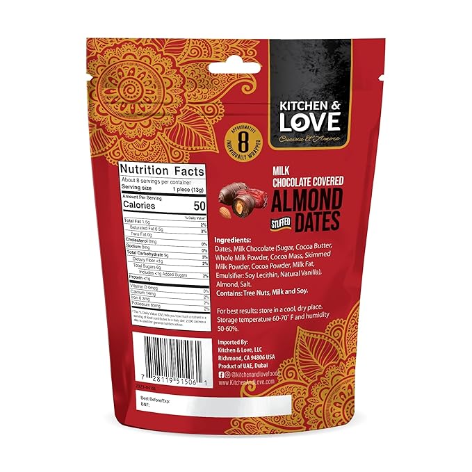 Kitchen &amp Love Milk Chocolate Covered Almond Stuffed Dates in a Convenient Resealable Pouch 8 Individually Wrapped Pieces Healthy Snack 3.5 oz pouch (Pack of 4)