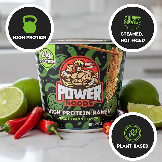 Power Noods High Protein Ramen Noodles - 12 or 6 Pack | Protein Ramen Cups for Lunch or Dinner | Better for You Plant-Based Instant Meal | Spicy Limon