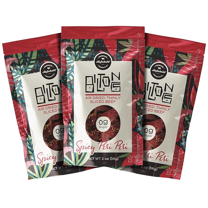 Aufschnitt Biltong Beef Jerky Slices South African Style Beef - Air Dried No Sugar All Natural Ingredients Gluten Free Made in USA Spicy Peri Peri 2oz 3 Pack