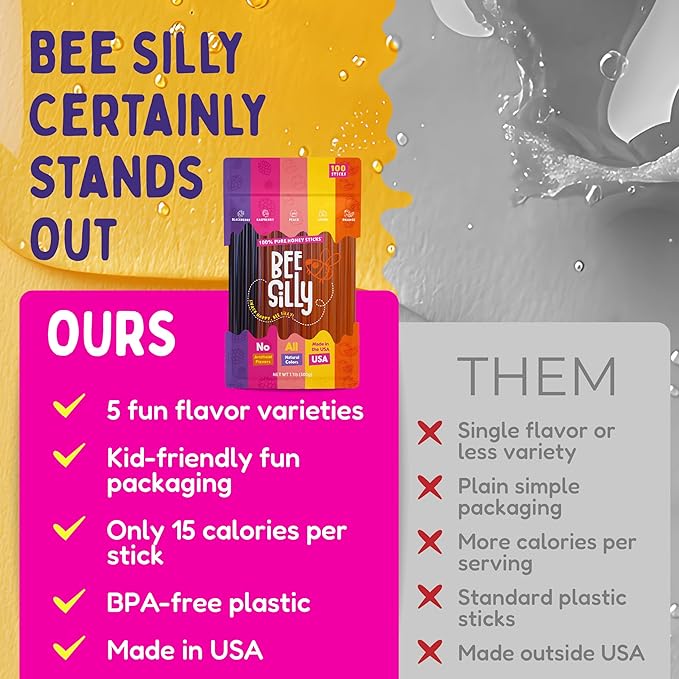 Bee Silly Flavored Honey Sticks - USDA Grade Single Serve Straws Only 15 Calories Each - Pure Natural Ingredients No Artificial Colors or Additives - Portable Energy Snack for Kids (100 pack Variet