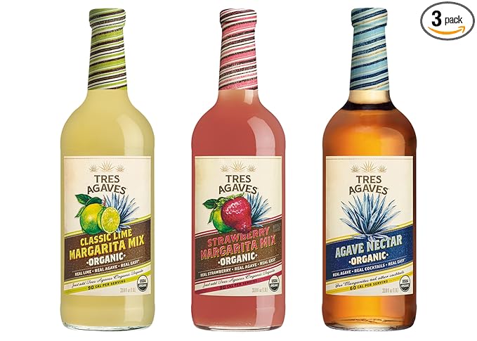 Tres Agaves Organic Margarita Mix Variety Pack – Lime Strawberry &amp Agave Nectar – Award-Winning Low Calorie Non-GMO Vegan Gluten-Free Cocktail Mixers – 750ml Bottles (3 Pack)