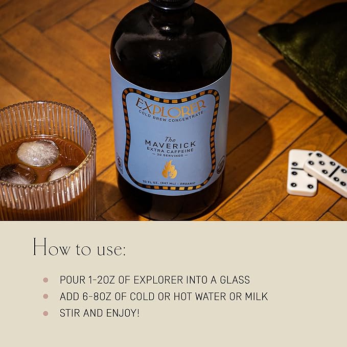 Explorer Cold Brew Organic Coffee Concentrate Maverick Extra Caffeine Drink Iced or Hot 32 fl oz Makes 20+ Cups