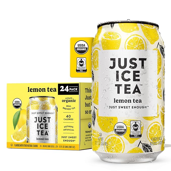 Just Ice Tea Lemon Flavored Black Iced Tea 24-Pack (12oz Cans) USDA Certified Organic Real Brewed Low Calorie No Artificial Sweeteners Fair Trade Made in USA.