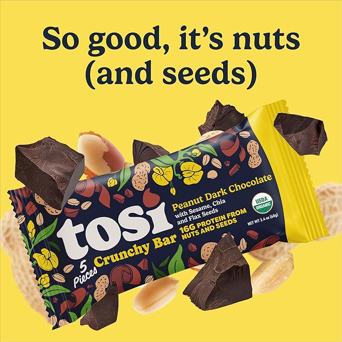 Tosi Meal Nut Bars Peanut Dark Chocolate Healthy Snacks for Adults &amp Kids Crunchy Plant Based Protein Bar (16G) Keto Snacks Vegan Gluten &amp Soy Free Low Sugar Omega 3s 2.4oz 12-Pack