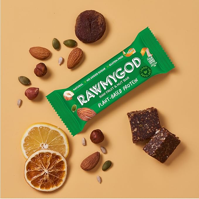 RAWMYGOD Fruit and Nut Bars Good Source of Protein (4.8g 12% protein content) Gluten Free Vegan No Added Sugar (16 bars Fruit &amp Nuts)