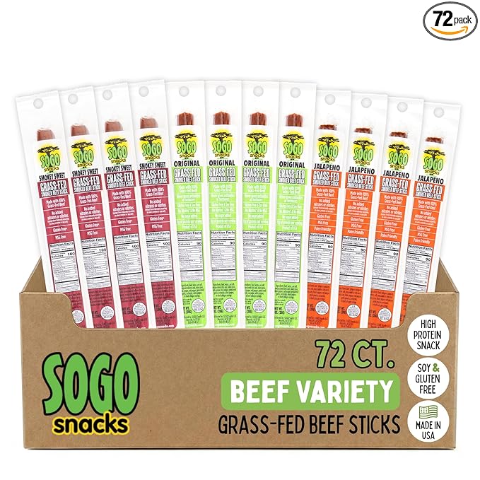 Variety 100% Grass-fed/finished Non-GMO Beef Sticks. No Added Nitrates Gluten Soy MSG Dairy or Nuts. Keto Whole30 &amp Paleo (24 Original 24 Smokey Sweet 24 Jalapeno 72 Count 1-oz Sticks)