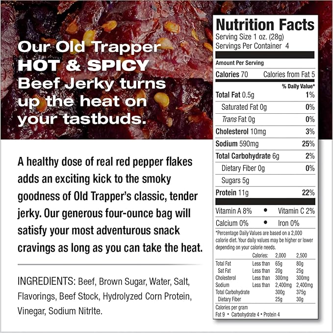 Old Trapper Beef Jerky Hot &amp Spicy 1/4-Pound Individual Package Savory and Spicy Meat Snacks for Lunches or Between Meals 11 Grams of Protein and 70 Calories per Serving (Pack of 8)