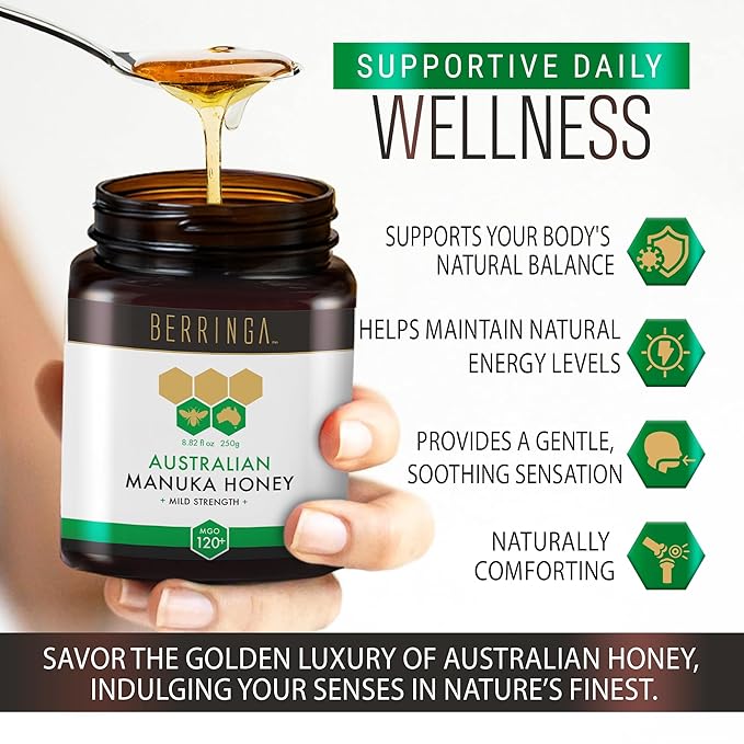 Berringa Manuka Honey Organic MGO 120+ Mild Strength Supports General Wellbeing &amp Digestive Balance - 100% Raw Pure &amp Unfiltered Sustainably Sourced from Australia - (8.82 oz)