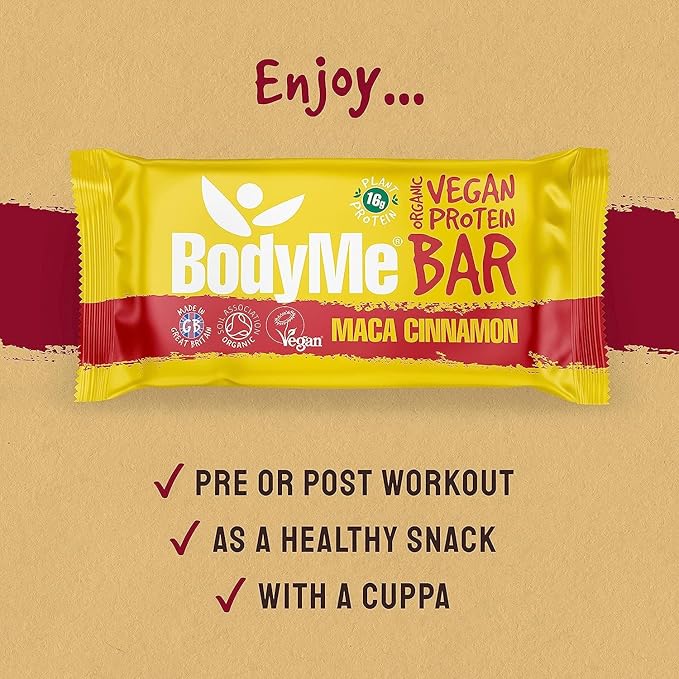 BodyMe Organic Vegan Protein Bar | Raw Maca Cinnamon | Box of 12 x 2.12oz (60g) | with 3 Plant Proteins