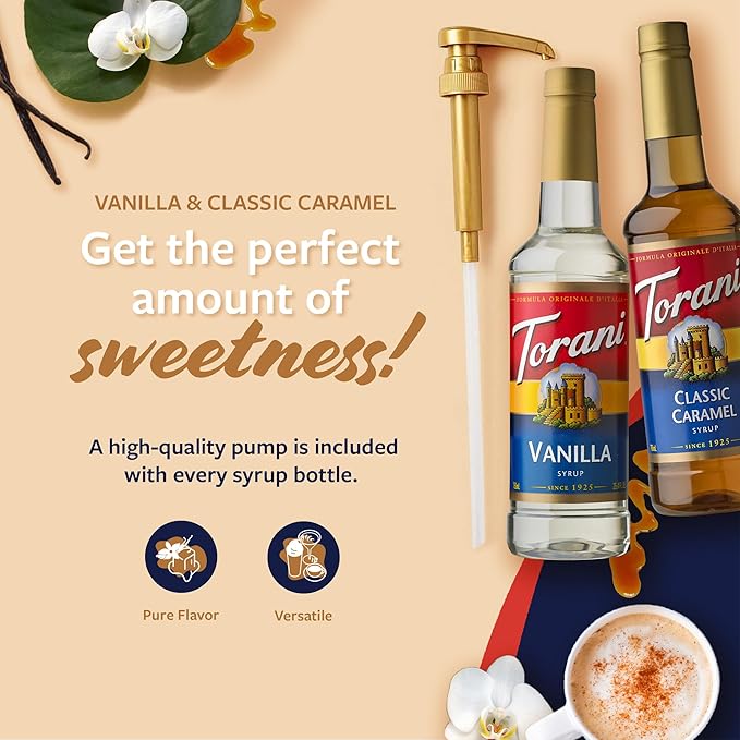 Torani Syrups Classic Caramel and Vanilla Syrup Variety 2-Pack Coffee Syrups for Drinks Pumps Included 25.4 Fl Oz Ea