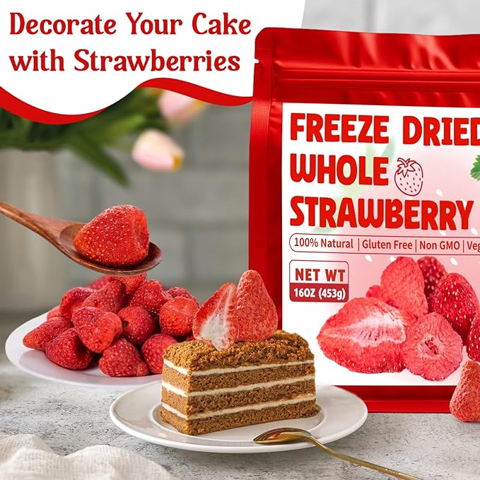 16oz Freeze Dried Whole Strawberries - Lightly Sweetened Crunchy Fruit for Yogurt Baking Oatmeal &amp Dessert Bulk Natural Dried Strawberries with Sugar for Kids Travel Snacking