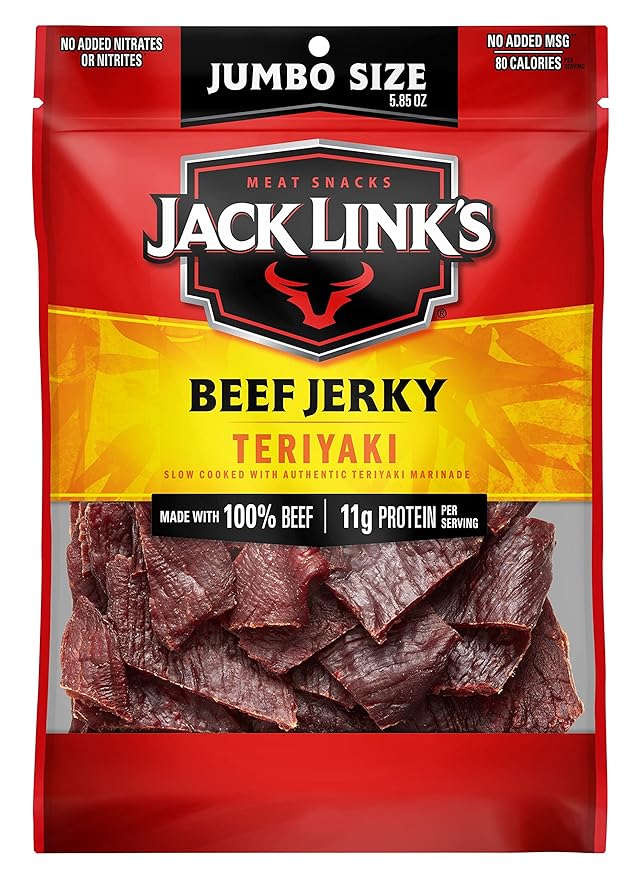 Jack Link's Beef Jerky Teriyaki 5.85 oz. Sharing Size Bag - Flavorful Meat Snack 10g of Protein and 80 Calories Made with Premium Beef - 95 Percent Fat Free No Added MSG** or Nitrates/Nitrites