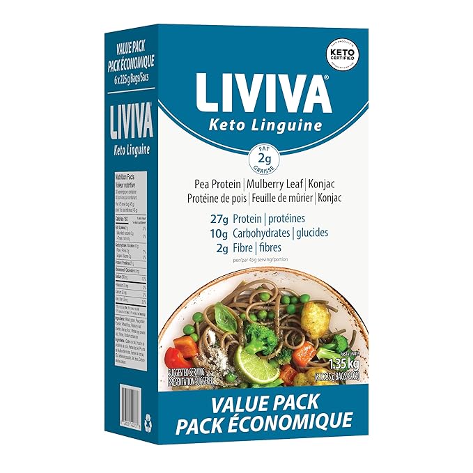 LIVIVA Low Carb High Protein KETO Value Pack Spaghetti Noodle Pasta 6 Pk – 135 g Protein per Box with Pea Protein &amp Konjac Flour - 8g Net Carbs Diabetic-Friendly - Healthy Al Dente Pasta (6 Pack