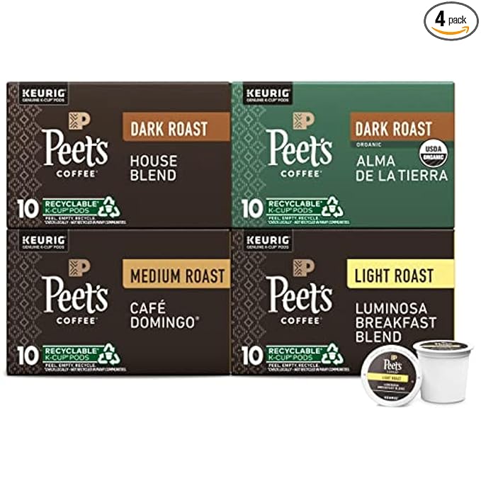 Peet's Coffee Keurig K-Cup Pods Variety Pack 100% Arabica Coffee - Luminosa Breakfast Blend Café Domingo Organic Alma De La Tierra House Blend 40 Count (4 Boxes of 10 Pods)