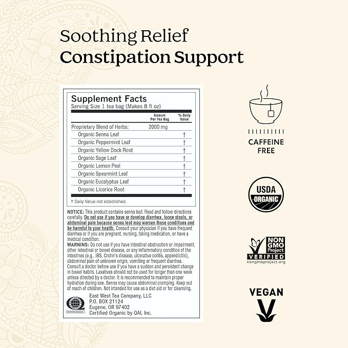 Yogi Tea Soothing Relief Constipation Support - Tea with Organic Senna Leaf - Gently Aids Constipation Overnight - Laxative Tea Blended With Peppermint &amp Sage - 16 Tea Bags Per Pack (6 Packs)