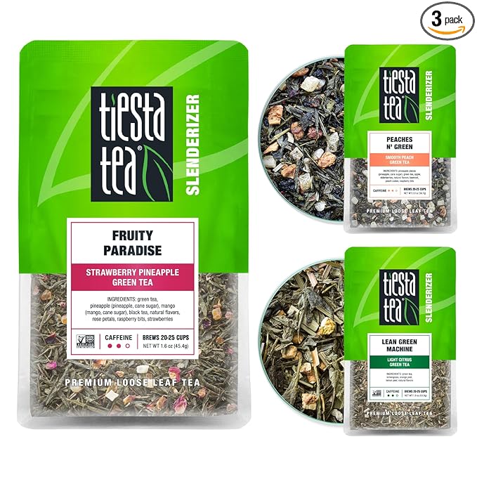 Tiesta Tea - Green Tea Gift Box Loose Leaf 3 Pouches Medium Caffeine Hot &amp Iced Assortment with Light Citrus &amp Fruity Green Loose Leaf Variety Box