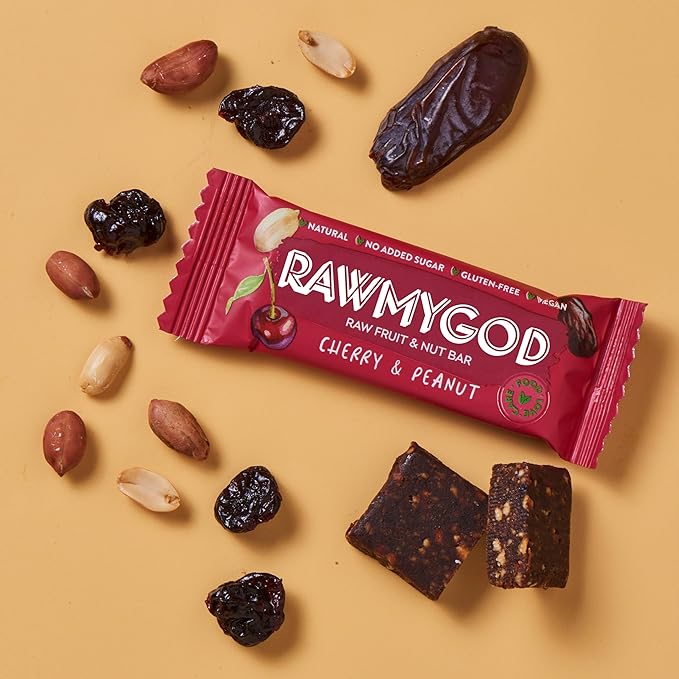 RAWMYGOD Fruit and Nut Bars Gluten Free Vegan No Added Sugar (16 bars Cherry &amp Peanut)
