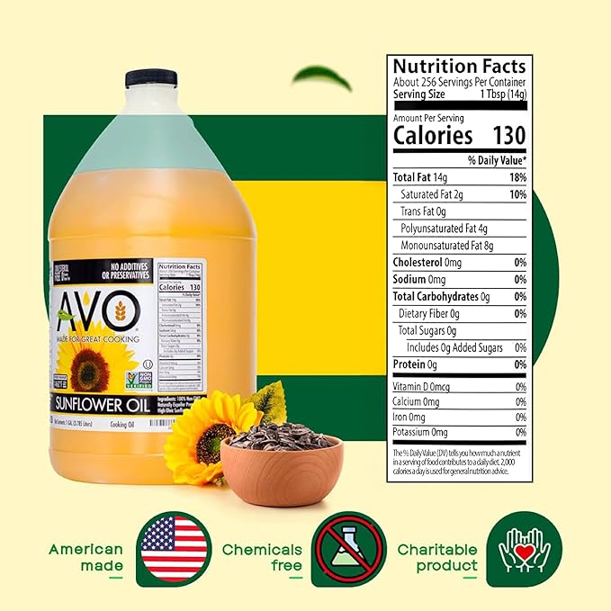 AVO High-Oleic Organic Sunflower Oil for General Cooking 1 Gallon Non-GMO Certified Neutral Flavor Cooking Oil