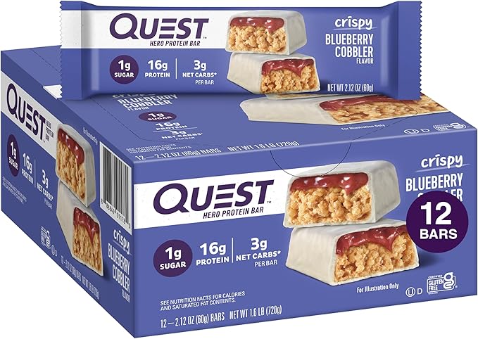 Quest Protein Bars Bundle: Blueberry Cobbler Hero Bar (16g Protein 12 Ct) and Dipped Chocolate Chip Cookie Dough Bar (12 Ct)