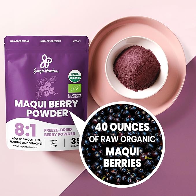 Jungle Powders Freeze Dried Strawberries Organic USDA Certified Strawberry Slices 3.2 Ounce Bag + Maqui Berry Powder Organic 5 Ounce Bag
