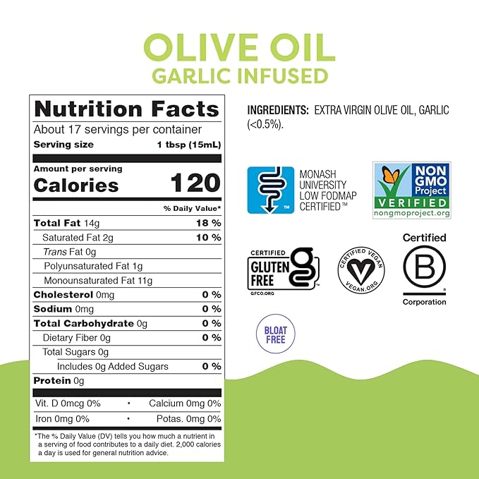 Fody Foods Garlic Infused Extra Virgin Olive Oil 8.45 Oz Low FODMAP Certified Gut &amp IBS Friendly Cold-Pressed Vegan Non-GMO Gluten Free Made in Italy