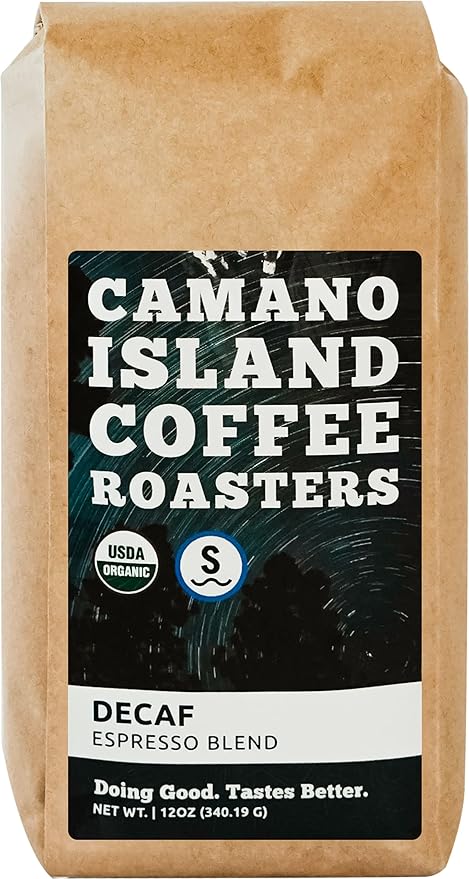 Camano Island Coffee Roasters Decaf Espresso Blend Whole Bean 12oz Fresh Dark Roast Swiss Water Processed USDA Organic Fairly Traded Shade Grown Top 1% Arabica Sweet Molasses Mixed Berry Flavor