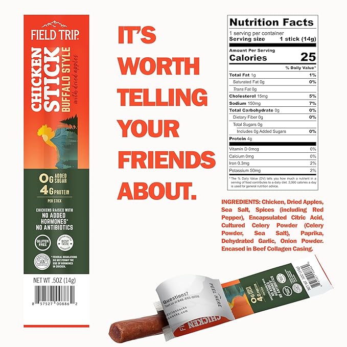 Field Trip Hormone Free Spicy Buffalo Chicken Jerky Snack Sticks Zero Sugar Keto Paleo Gluten Free Allergy Friendly Snack High Protein 25 Calorie Snack 0.5oz 24 Pack