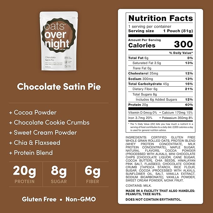Oats Overnight Chocolate Satin Pie - Overnight Oats with 20g Whey Protein High Fiber Breakfast Protein Shake - Gluten Free Oatmeal Non GMO High Protein Oatmeal (2.9 oz per Meal) (16 Pack)