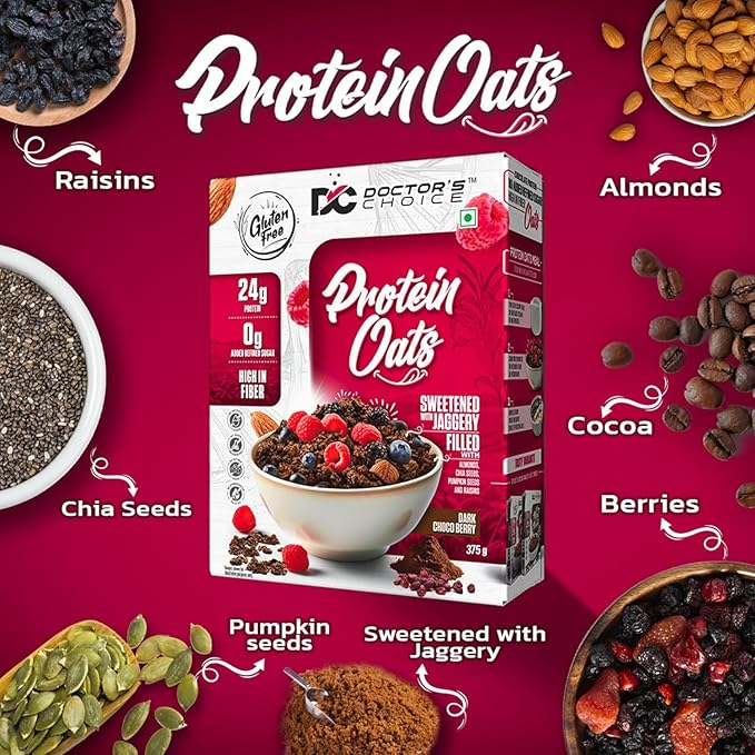 DOCTORS CHOICE Oats High Protein Oats 24g Pure Protein Breakfast Cereals Jaggery Sweetened Rich in Fiber No Additives and 0g Sugar. (750g Dark Choco Berry)