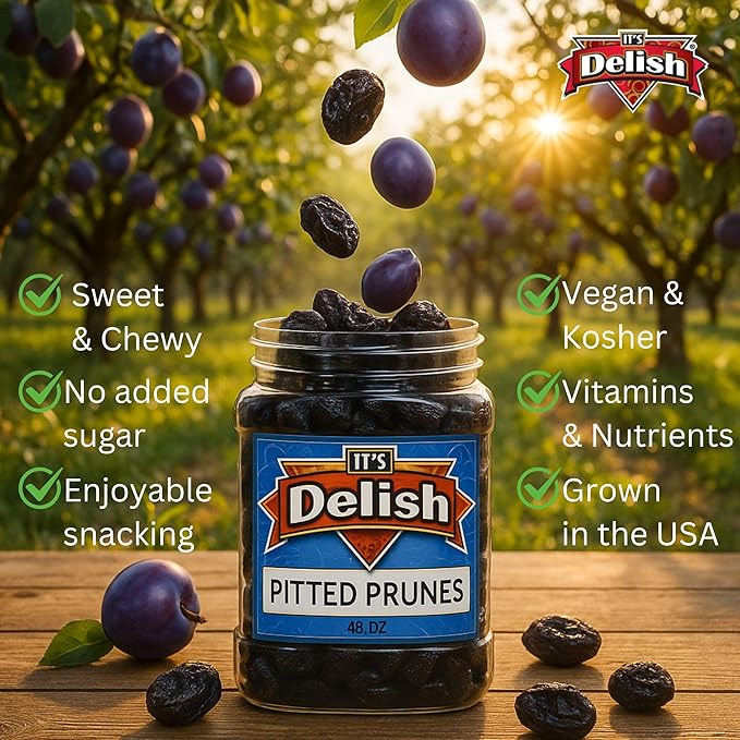 Dried Pitted Prunes Unsweetened by It's Delish 3 Lbs Jumbo Container | Naturally Sweet No Sugar Added High Fiber Dried Fruit Snack | Healthy Moist and Fresh Dry Plums | Vegan Kosher