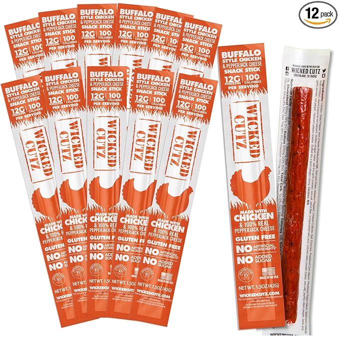Buffalo Chicken Sticks 12g Protein Per Chicken Stick Tender &amp Juicy Meat Sticks with Real Pepper Jack Cheese USA Made High Protein Carnivore Snacks (12 Pack)