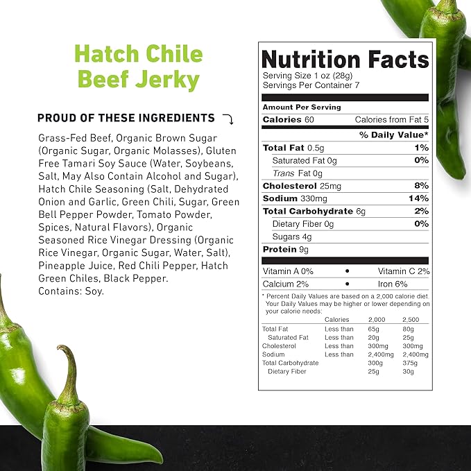 Country Archer Hatch Chili Beef Jerky 100% Grass-Fed Gluten Free 7 Ounce