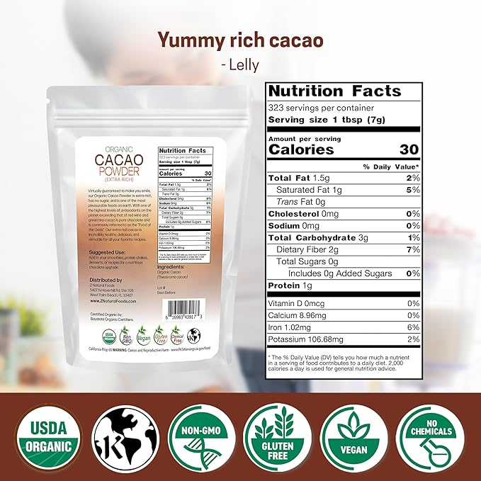 Z Natural Foods Organic Cacao Powder - Unsweetened Nutrient-Dense Superfood for Healthy Aging - Extra-Rich Dark Chocolate Flavor Perfect for Chocolate Recipes Shakes or Smoothies 5 lbs