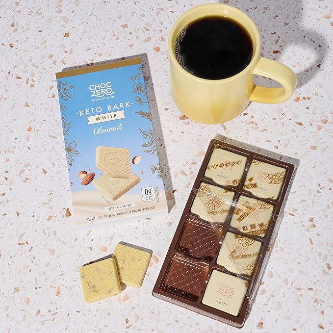 ChocZero Keto Bark White Chocolate Almond No Added Sugar High Fiber Low Carb No Sugar Alcohols No Artificial Sweeteners 3.2 Ounce (Pack of 4)