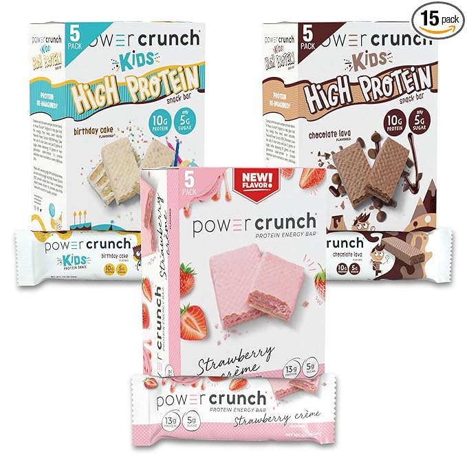 Power Crunch Protein Wafer Bars and Power Crunch KIDS Protein Bars Variety Pack (15 Count) High Protein Snacks with Delicious Taste