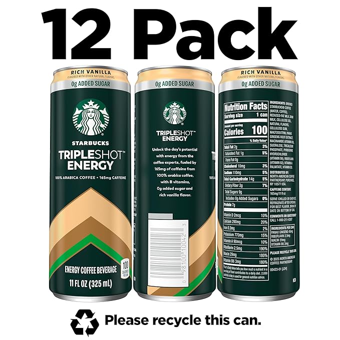 Starbucks Tripleshot Coffee Energy Drink Vanilla Triple Blend 165mg Caffeine B Vitamins Protein Iced Coffee 11 fl oz Cans (12 Pack)