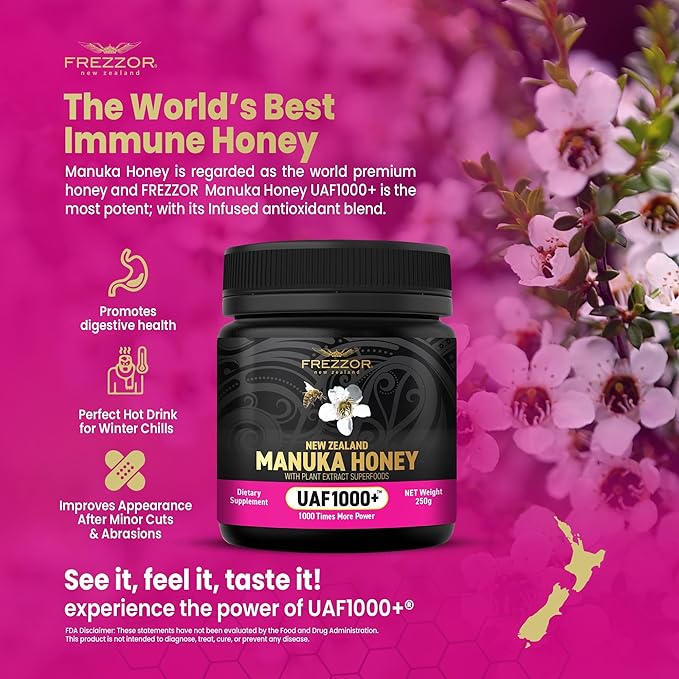 FREZZOR Premium 100% Raw New Zealand Manuka Honey with UAF1000+ Super Antioxidant 30% More Bioactive Best Support for Everyday Wellness Antioxidant Superfood 1 Jar (8.8oz/250g)