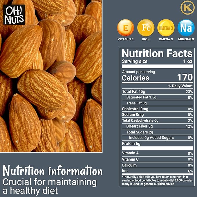 Oh! Nuts Almonds Raw Individual Nut Snacks for On-the-Go - 12 Convenient Nut Snacks for School - Bulk Nuts Variety - Individual Packs (1.5 oz Each)