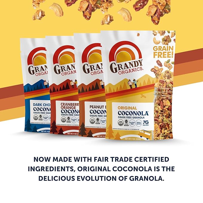 Grandy Organics Original Coconola Granola Certified Organic Gluten Free Granola Grain Free Vegan and Paleo Original Flavor Coconola 9oz Each Pack of 6