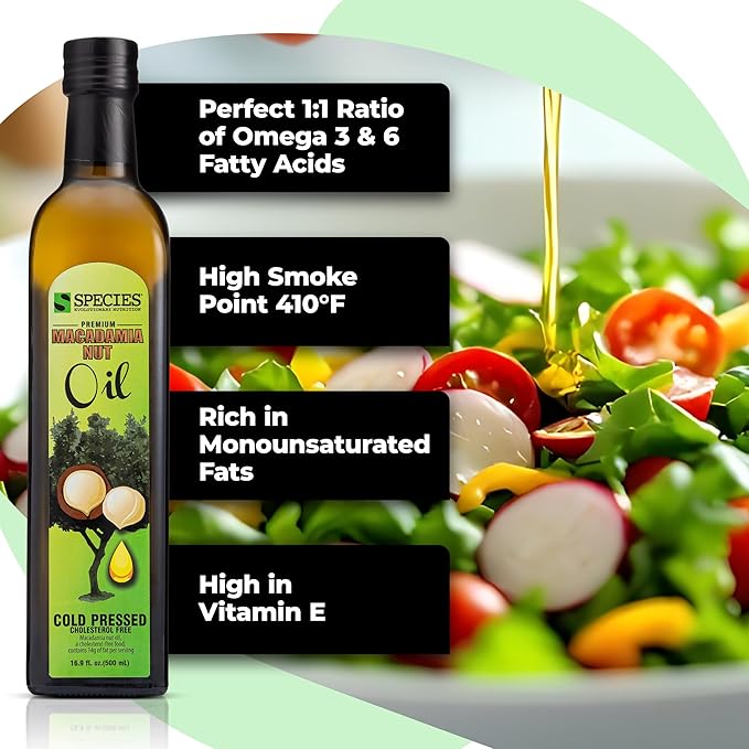 Species Nutrition Macadamia Nut Oil Healthy Cooking Oil for Stir Fry Sweet Buttery Great Tasting Omega 9 Monounsaturated Fats Balanced Omega 3 &amp 6 Fats. (32 Servings)
