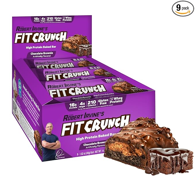 FITCRUNCH Snack Size Protein Bars 6-Layer Baked Bar 4g of Sugar Gluten Free &amp Soft Cake Core (9 Bars Chocolate Brownie)