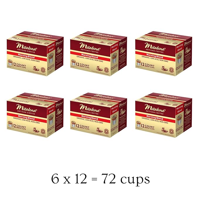 Mitalena Artisan Morning Blend Low Acid Medium Roast Organic Coffee Pods For Keurig K-Cup Maker - 72 K Cups - 100% Arabica Gourmet - Perfect For Sensitive Stomach