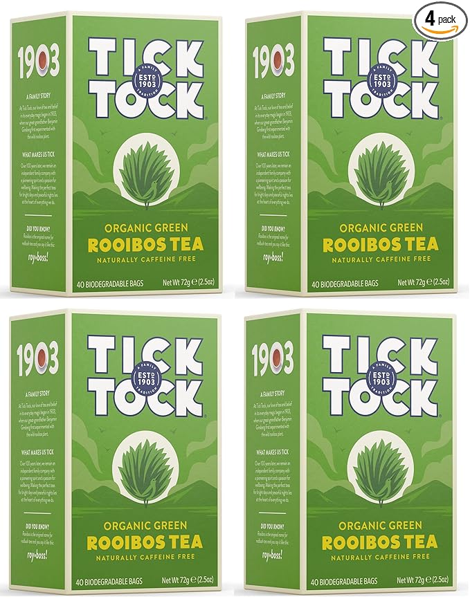 TICK TOCK TEAS Organic Rooibos Tea Green Tea Naturally Caffeine Free Red Bush Herbal Tea Rich in Anti-Oxidants South African Superfood - 40 Count (Pack of 4) Packaging May Vary