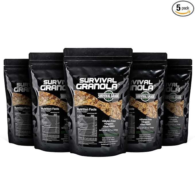Survival Grocery Organic Ancient Grain Survival Granola™ - Gluten Free Non-GMO No Added Sugar High Protein Snack With Nuts Seeds Coconut and Honey - Ideal for Breakfast Cereal Yogurt or Snack