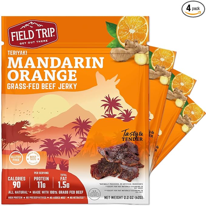 Field Trip Grass Fed Beef Jerky Healthy Gluten Free Snacks All Natural Paleo-Friendly Beef Jerky High Protein Low Carb Snack with No Nitrates 2.2oz Bag 4 Pack Mandarin Orange Teriyaki
