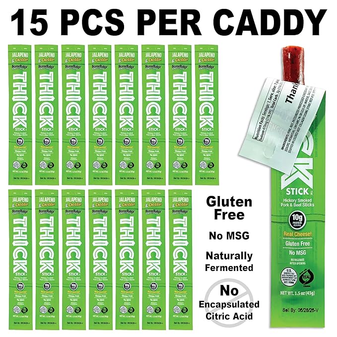 THICK STICK - STONERIDGE OLD-FASHIONED QUALITY JALAPENO &amp CHEDDAR - Hickory Smoked Pork and Beef Snack Sticks Gluten Free No MSG 15 Count THICK 1.5 oz Sticks High Protein Soy Free 15 Count