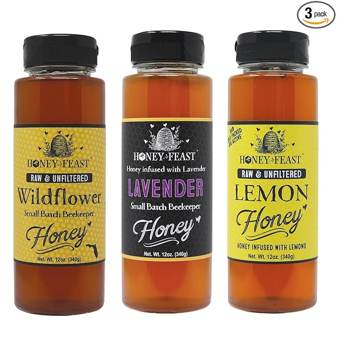 HONEY FEAST Tea Lovers TRIO Raw Honey Gift Box | Lemon Lavender Wildflower | Gift Set of three 12oz jars