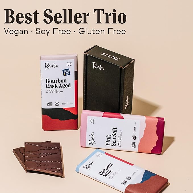 Raaka Chocolate Best Sellers Trio | Gourmet Dark Chocolate Gift | Organic Vegan Fair Trade Soy Free Non-GMO Gluten Free Kosher | 1.8oz Bars 3-Pack